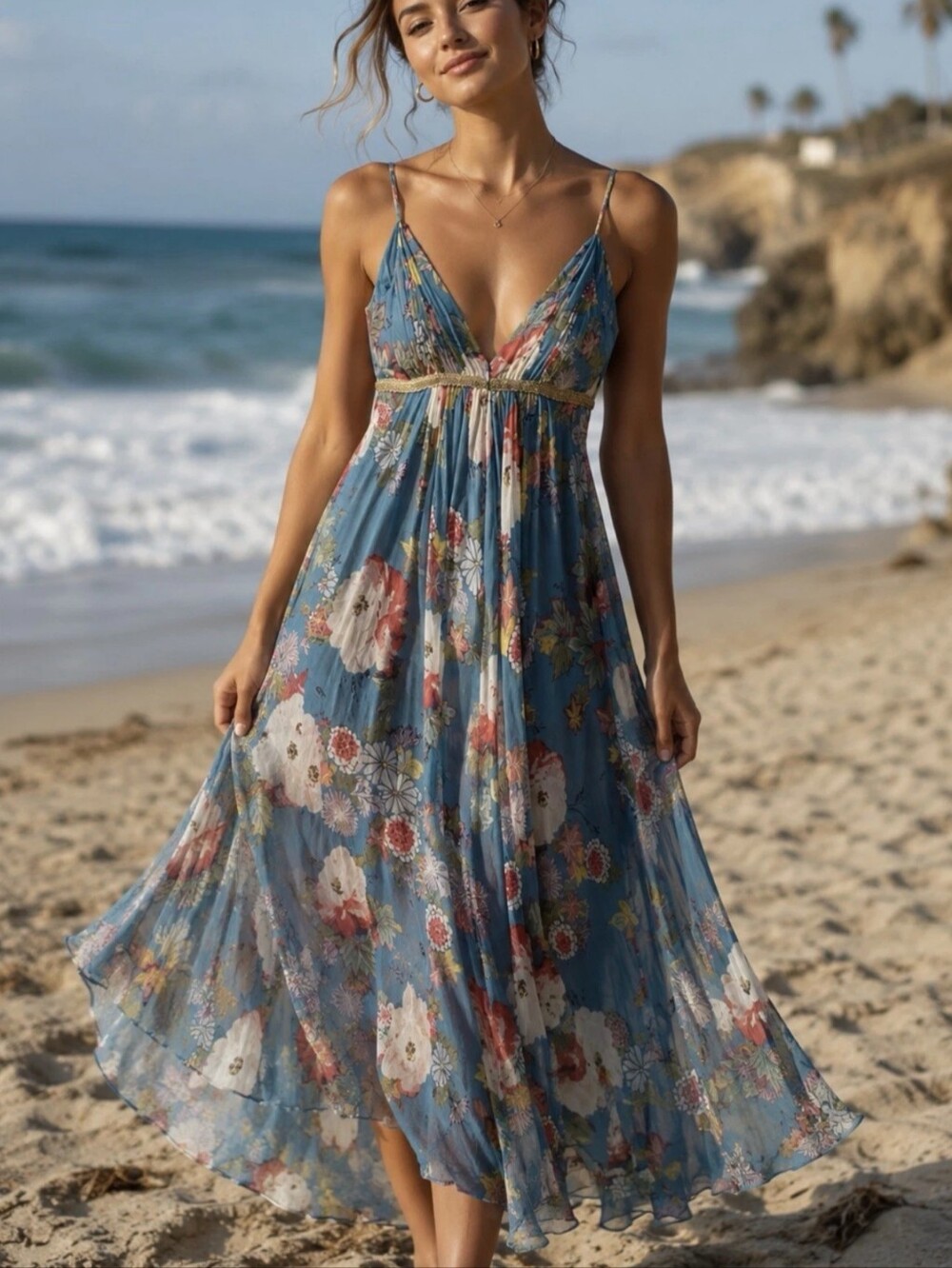 Kay Unger Silk Blue Floral Empire Waist Dress